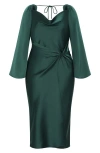 City Chic Adelina Long Sleeve Satin Midi Dress In Green