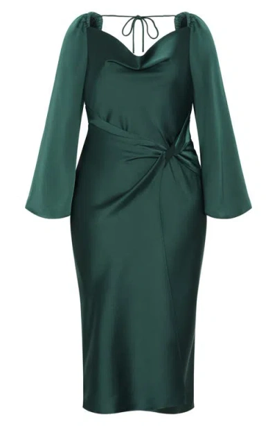 City Chic Adelina Long Sleeve Satin Midi Dress In Green