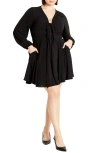 City Chic Adelyn Tie Front Long Sleeve Dress In Black