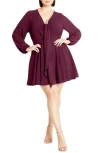 City Chic Ellie Tie Neck Long Sleeve Minidress In Plum