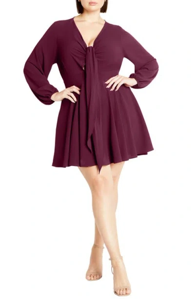 City Chic Adelyn Tie Front Long Sleeve Dress In Plum