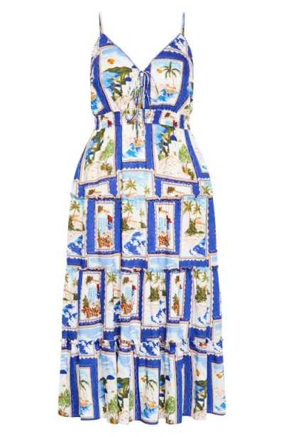 City Chic Aiza Postcard Print Tiered Tie Front Maxi Sundress In Multi