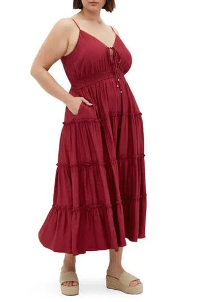 City Chic Aiza Tiered Tie Front Sleeveless Maxi Dress In Burgundy