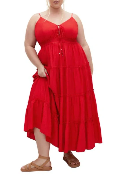City Chic Aiza Tiered Tie Front Sleeveless Maxi Dress In Cherry