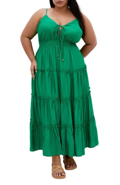 City Chic Aiza Tiered Tie Front Sleeveless Maxi Dress In Greenstone |  ModeSens