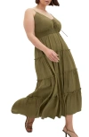 City Chic Aiza Tiered Tie Front Sleeveless Maxi Dress In Khaki