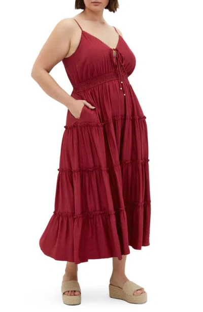 City Chic Aiza Tiered Tie Front Sleeveless Maxi Dress In Shiraz