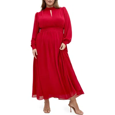 City Chic Alexandra Long Sleeve Open Back Maxi Dress In Red