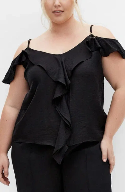 City Chic Aliya Cold Shoulder Satin Top In Black
