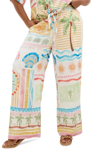 City Chic Aliya Print Wide Leg Pants In White