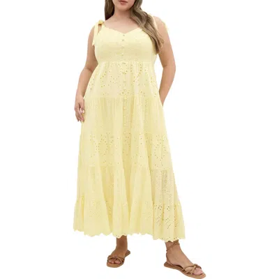 City Chic Allegra Eyelet Lace Midi Sundress In Yellow