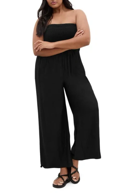 City Chic Ally Smocked Strapless Wide Leg Jumpsuit In Black