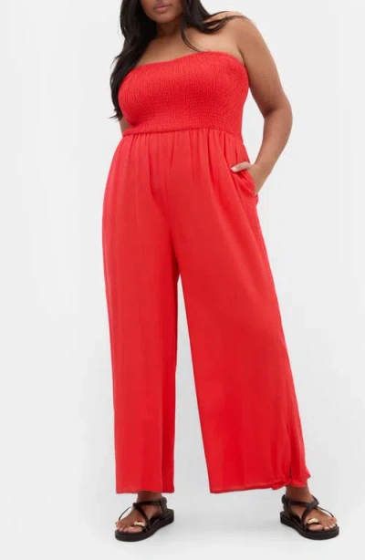 City Chic Ally Smocked Strapless Wide Leg Jumpsuit In Red