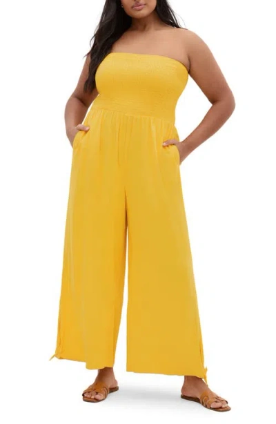 City Chic Ally Smocked Strapless Wide Leg Jumpsuit In Yellow