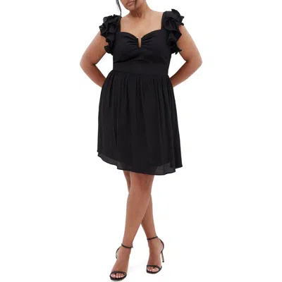 City Chic Alma Notched Ruffle Sleeve Minidress In Black