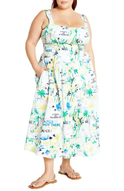 City Chic Almay Square Neck Button Front Stretch Cotton Sundress In Green Postcards