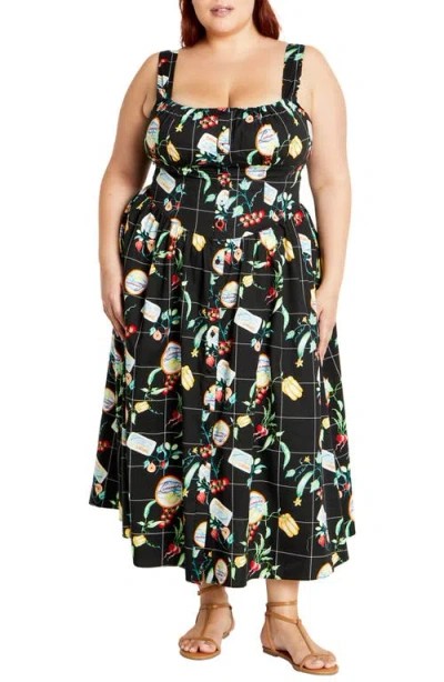 City Chic Almay Square Neck Button Front Stretch Cotton Sundress In Picnic