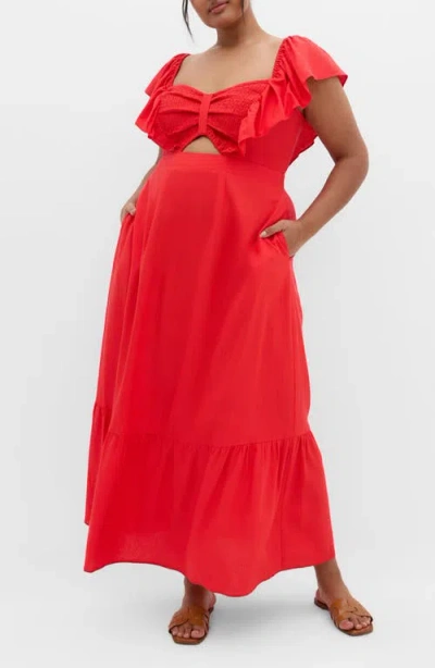 City Chic Alora Flutter Sleeve Cutout Maxi Dress In Red