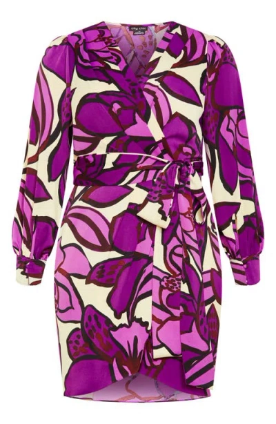 City Chic Amalia Floral Long Sleeve Faux Wrap Dress In Multi