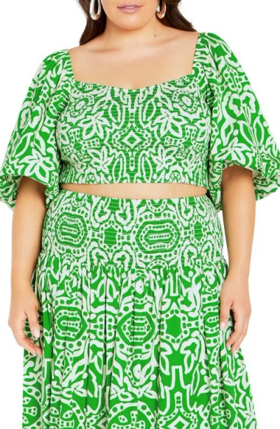 City Chic Amari Puff Sleeve Crop Top In Green Amari