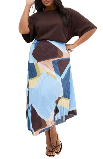City Chic Amaya Pleated Asymmetrical Skirt In Blue Abstract