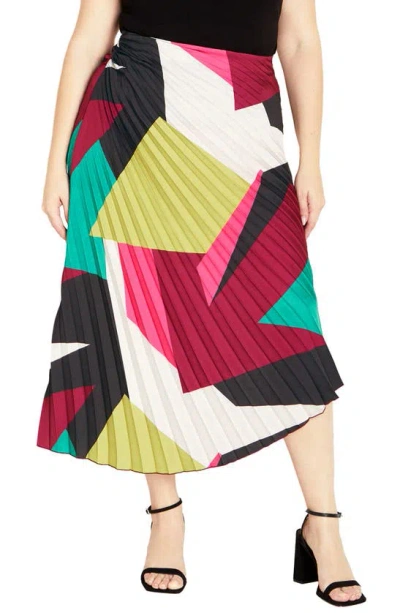 City Chic Amaya Print Pleated Satin Maxi Skirt In Standout Geo
