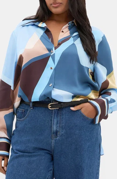 City Chic Amaya Print Shirt In Blue Abstract