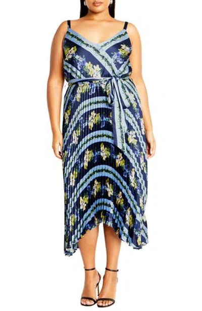 City Chic Amelia Floral Pleated Handkerchief Hem Dress In Blue