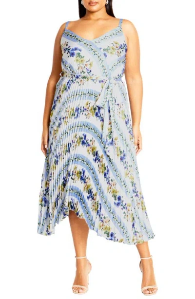 City Chic Amelia Floral Pleated Handkerchief Hem Dress In Blue