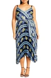 City Chic Amelia Floral Pleated Handkerchief Hem Dress In Navy Garden Party