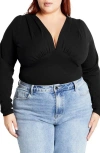 City Chic Amelia Pleated Long Sleeve Stretch Cotton Bodysuit In Black