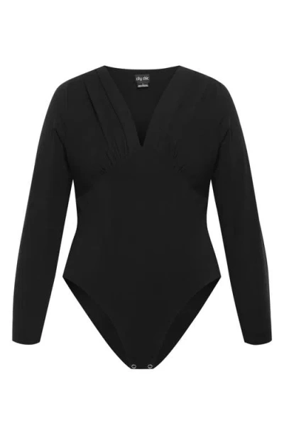 City Chic Amelila Pleated Long Sleeve Bodysuit In Black