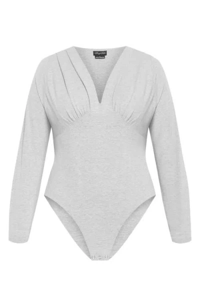 City Chic Amelila Pleated Long Sleeve Bodysuit In Light Grey Marle