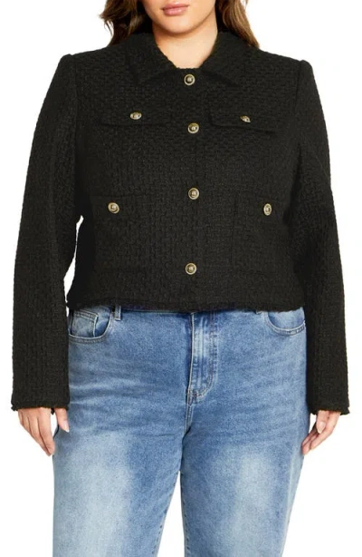 City Chic Amira Fray Trim Bouclé Jacket In Black