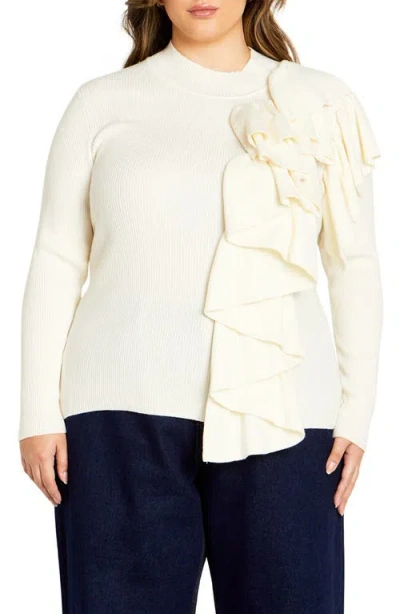 City Chic Amira Ruffle Rib Sweater In Ivory