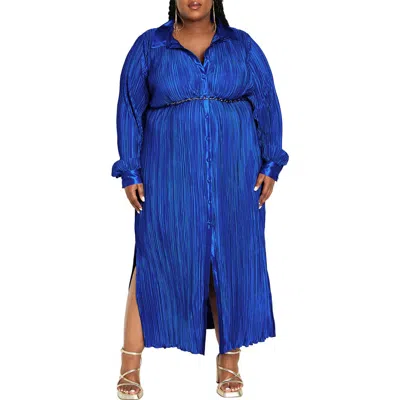 City Chic Amirah Belted Plissé Maxi Shirtdress In Blue