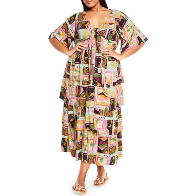 City Chic Ana Tie Front Tiered Midi Dress In Multi