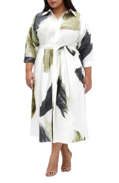 City Chic Angel Belted Cotton Shirtdress In Muse Ivory