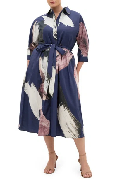 City Chic Angel Brushstroke Belted Cotton Shirtdress In Black