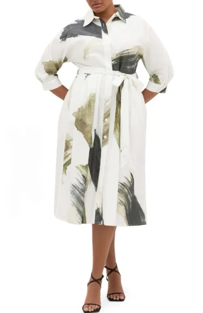 City Chic Angel Brushstroke Belted Cotton Shirtdress In White