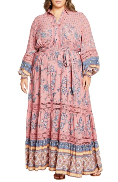 City Chic Angel Falls Floral Print Long Sleeve Dress In Blush Angel Falls