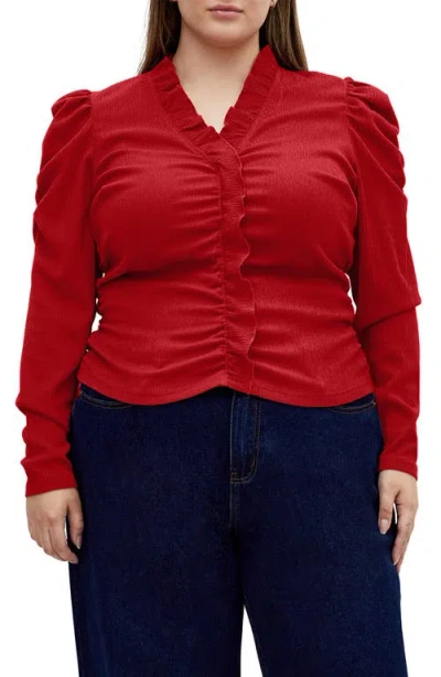 City Chic Anika Ruffle Trim Ruched Top In Bordeaux