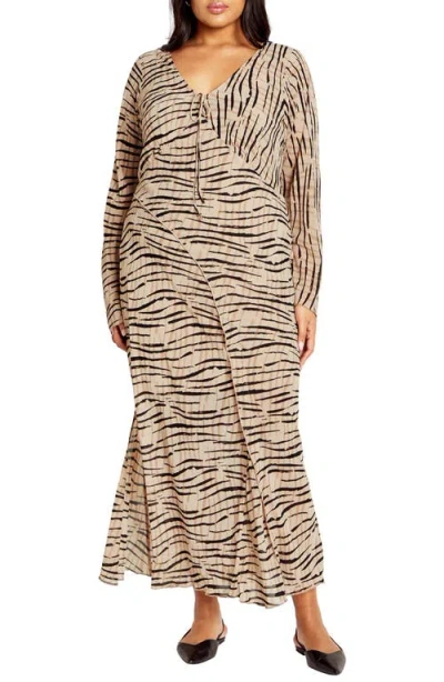 City Chic Anthea Zebra Print Long Sleeve Maxi Dress In Neutral Wave