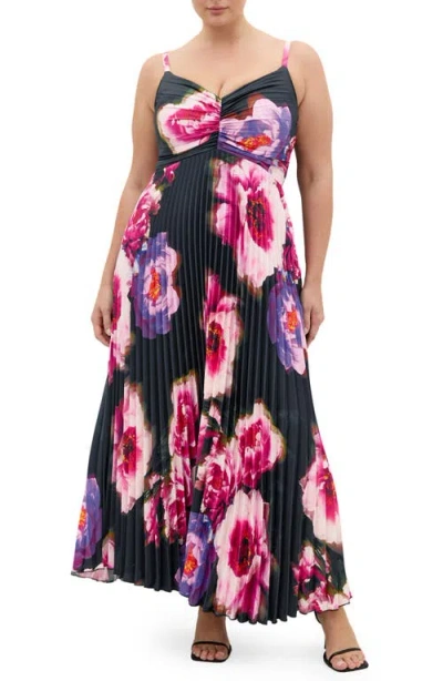 City Chic Ariana Floral Print Pleat Maxi Dress In Multi