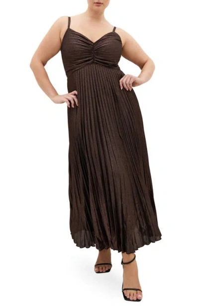 City Chic Ariana Pleated Metallic Dress In Brown