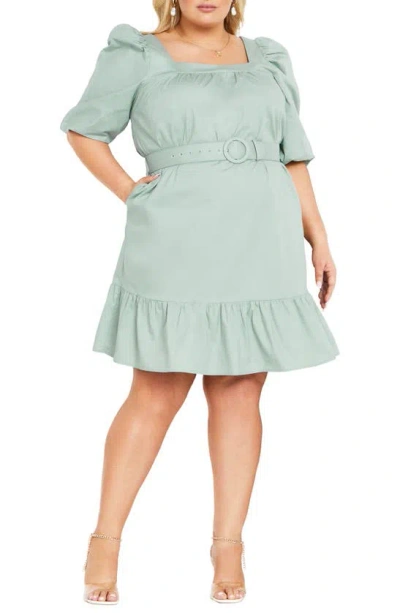 City Chic Ariya Puff Sleeve Belted Cotton Dress In Seafoam