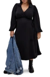 City Chic Arizona Long Sleeve Wrap Midi Dress In Black