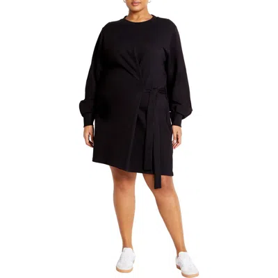 City Chic Arla Long Sleeve Faux Wrap Sweatshirt Dress In Black