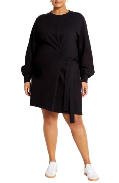 City Chic Arla Tie Waist Long Sleeve Dress In Black