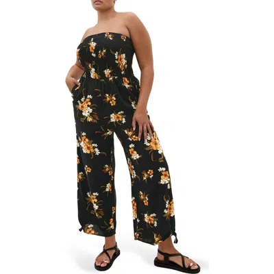 City Chic Aruba Floral Strapless Jumpsuit In Black